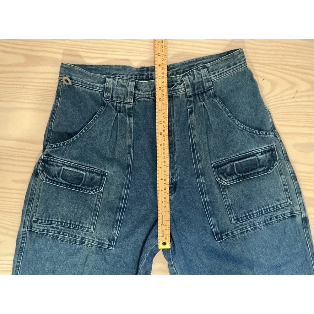 RW Rugged Vintage Mens Blue Denim Cargo Pants Pleated Relaxed Fit 36x32 Utility